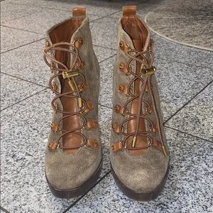 Tory Burch tan with gold hardware lace-up booties